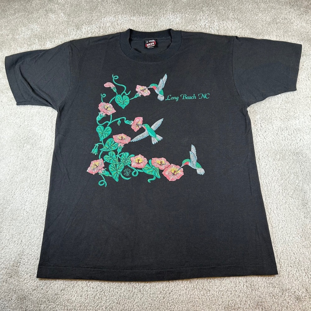 Vintage 90s FOTL T-Shirt Mens L Black 1992 Hummingbird Long Beach NC Graphic USA